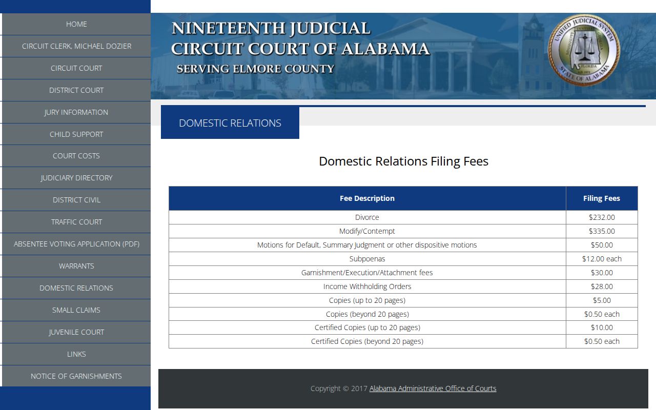Elmore County divorce records domestic relations fee schedule