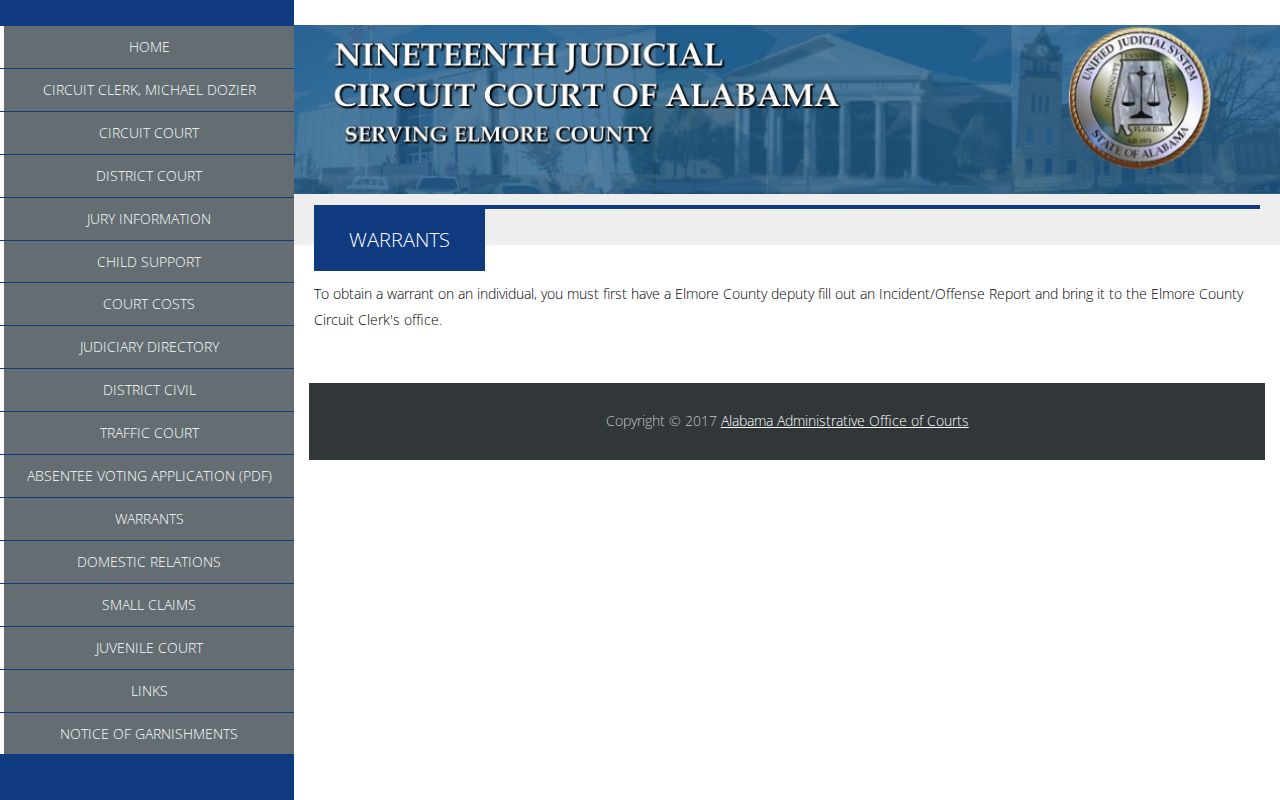 Elmore County warrant records deputy report and Circuit Clerk process